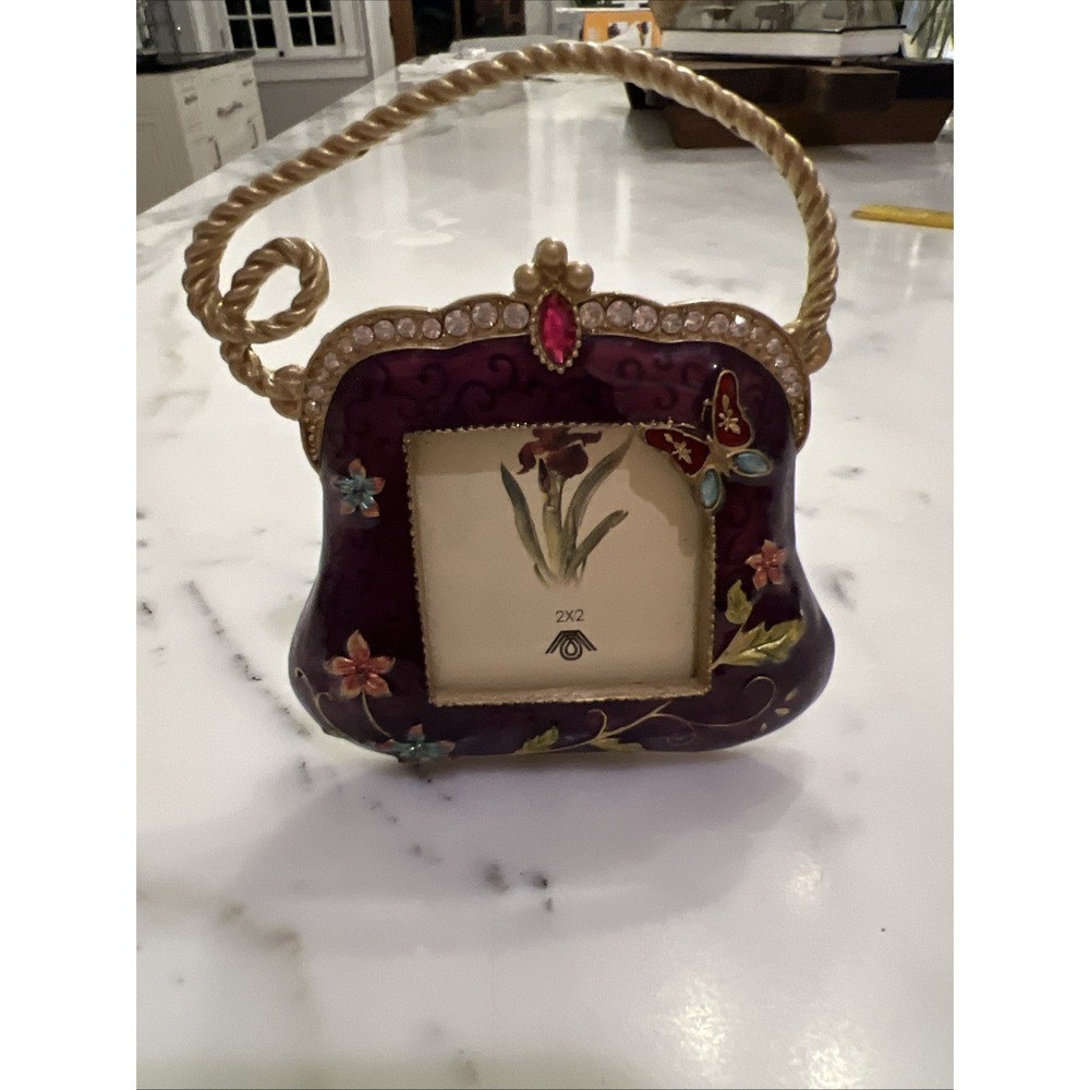 Cloisonné Picture Frame  Small Purse Butterfly Jewels Flowers Enamel Purple